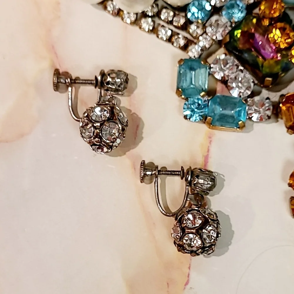 Vintage Crystal Sphere Screwback Dangle Earrings